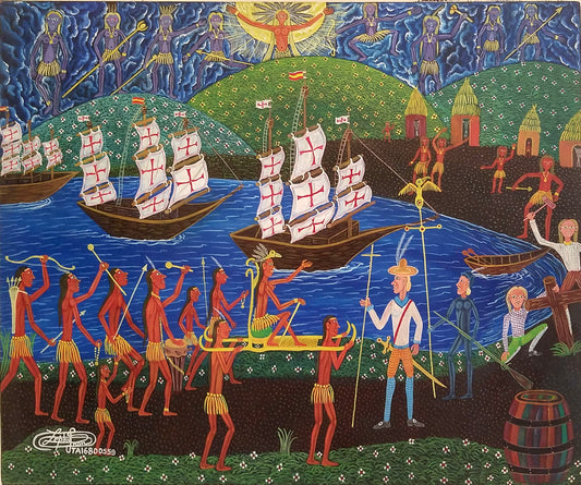 Frantz Zephirin 20"x24" "La llegada de las tres carabelas" 1995 Acrílico sobre lienzo #3JN-HA