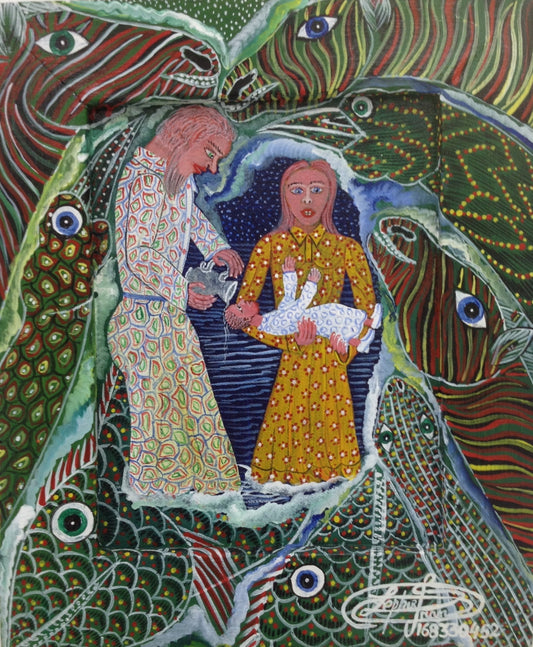 Frantz Zephirin 11"x13" El bautismo Acrílico sobre lienzo (marco de madera)#1259GN-HA
