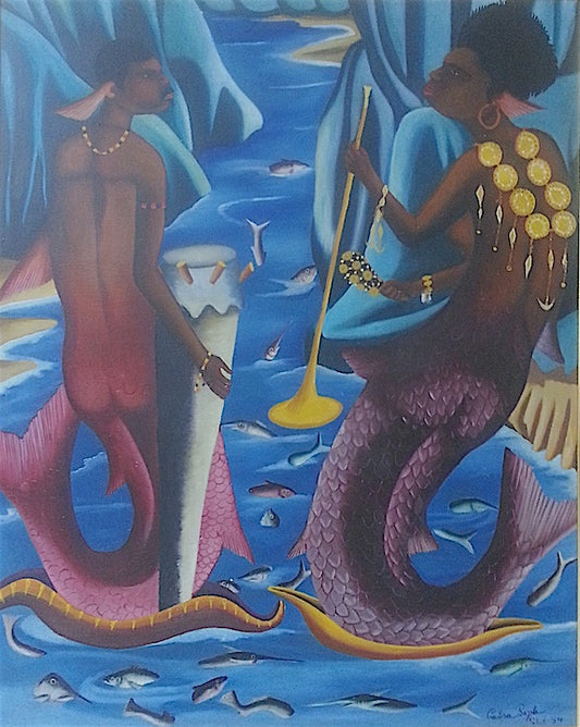 Castera Bazile (1923-1966) 30"x24" Dos sirenas 1964 Óleo sobre Masonite #7-3-96GSN-HA