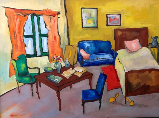 Georges Desarmes (Haitiano, n. 1950) "Escena interior" Pintura al óleo enmarcada sobre lienzo 24"h X 32"w #1GSN-NY