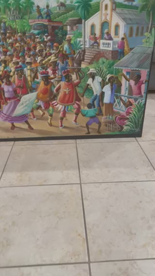 Andre Normil (Haitiano, 1934-2014) "Escena Rara" Pintura al óleo enmarcada sobre lienzo 24"h x 47"w #2GSN-NY