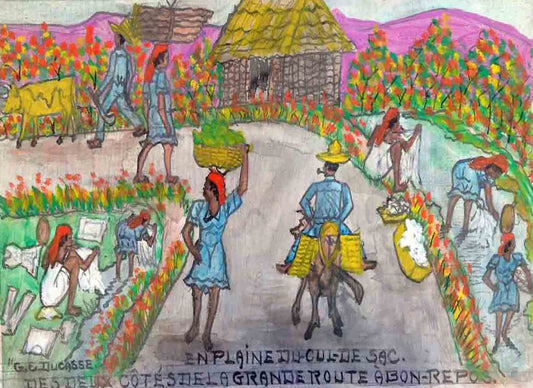 Gervais Emmanuel Ducasse (1903-1988) 16"x24" 1978 "En la llanura de Cul-De-Sac. De ambos lados del gran camino a Bon Repos" Óleo sobre tabla #4MFN