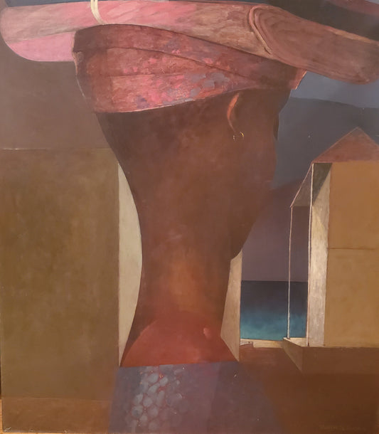 Bernard Sejourne (1947-1994) 36"x32" El vendedor de telas 1978 Acrílico sobre Masonite #1MF