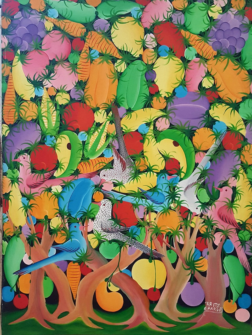 Fritz Charles 32"x24" Pájaros y árboles c1980 Óleo sobre lienzo #1JN-NY