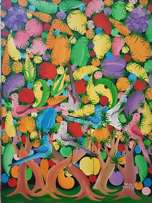 Fritz Charles 32"x24" Pájaros y árboles c1980 Óleo sobre lienzo #1JN-NY