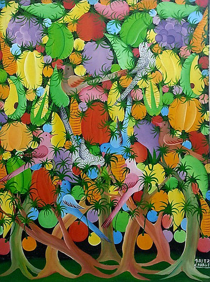 Fritz Charles 32"x24" Pájaros coloridos c1980 Óleo sobre lienzo #2JN-NY
