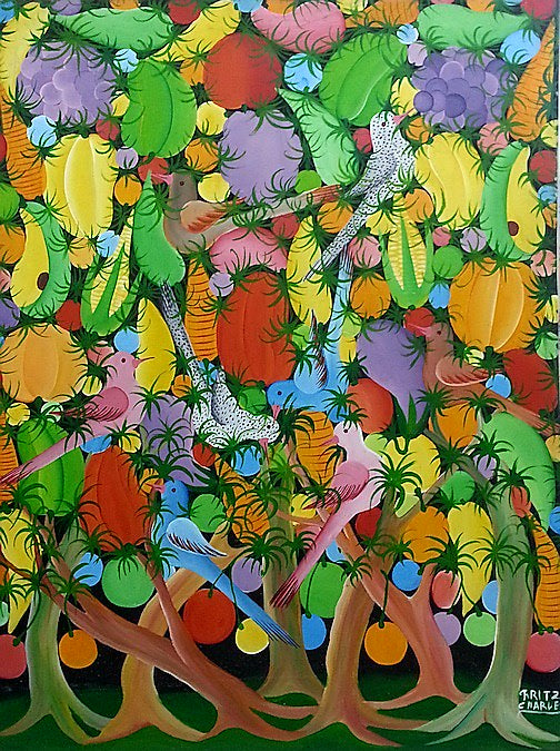 Fritz Charles 32"x24" Pájaros coloridos c1980 Óleo sobre lienzo #2JN-NY