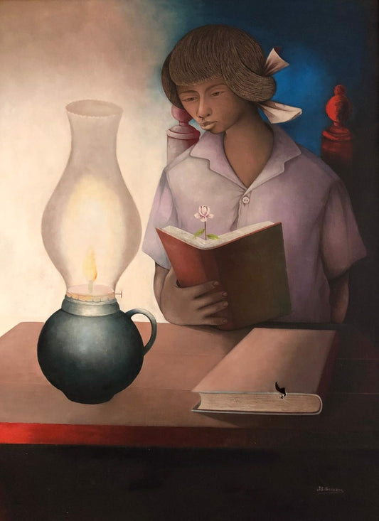 Jacques-Enguerrand Gourgue (Haitiano, 1930-1996) "Niña leyendo" Óleo enmarcado sobre lienzo Pintura 32"h X 24"w #1GSN-NY