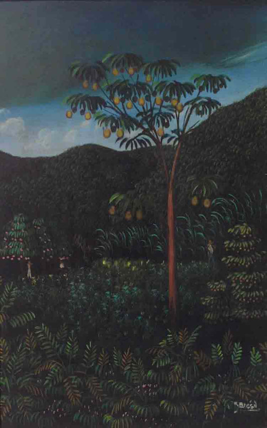 Henri-Robert Bresil (1952-1999) 24"x20" Escena del árbol de limón Óleo sobre Masonite #1115