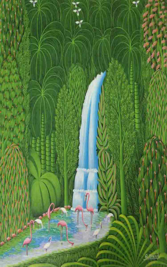 Henri-Robert Bresil (1952-1999) 30"x39" Cascada Óleo sobre lienzo #1401