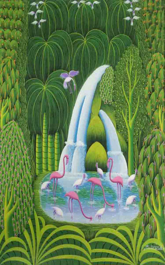 Henri-Robert Bresil (1952-99) 32"x20" Cascada Óleo sobre lienzo #1400-GN-HA