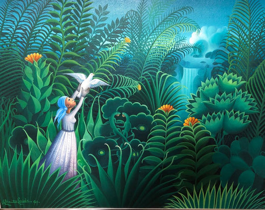 Eric Jean-Louis (haitiano, n. 1957) "Freeing the Bird" Pintura al óleo enmarcada sobre lienzo 20"h X 24"w #1GSN-NY