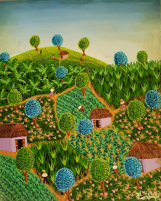 Jacques-Lionel Henry 20"x16" Cuatro casas 1979 Óleo sobre lienzo #2JN-NY