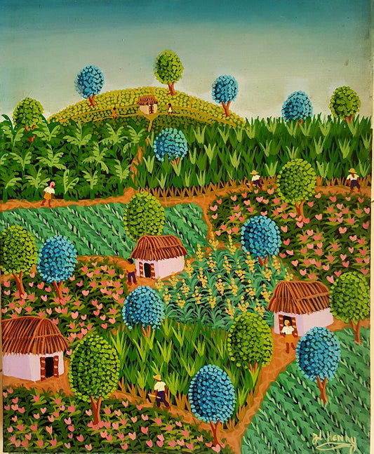 Jacques-Lionel Henry 20"x16" Escena rural c1980 Óleo sobre lienzo #3JN-NY