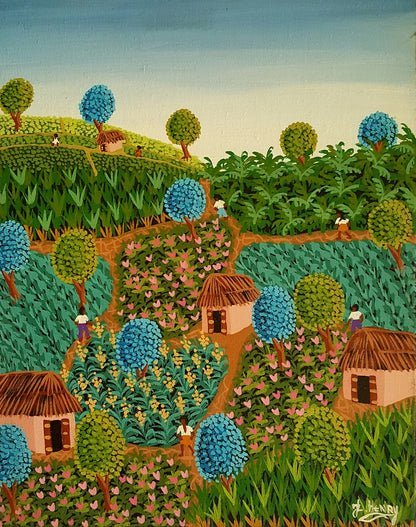 Jacques-Lionel Henry 20"x16" Escena rural c1980 Óleo sobre lienzo #4JN-NY