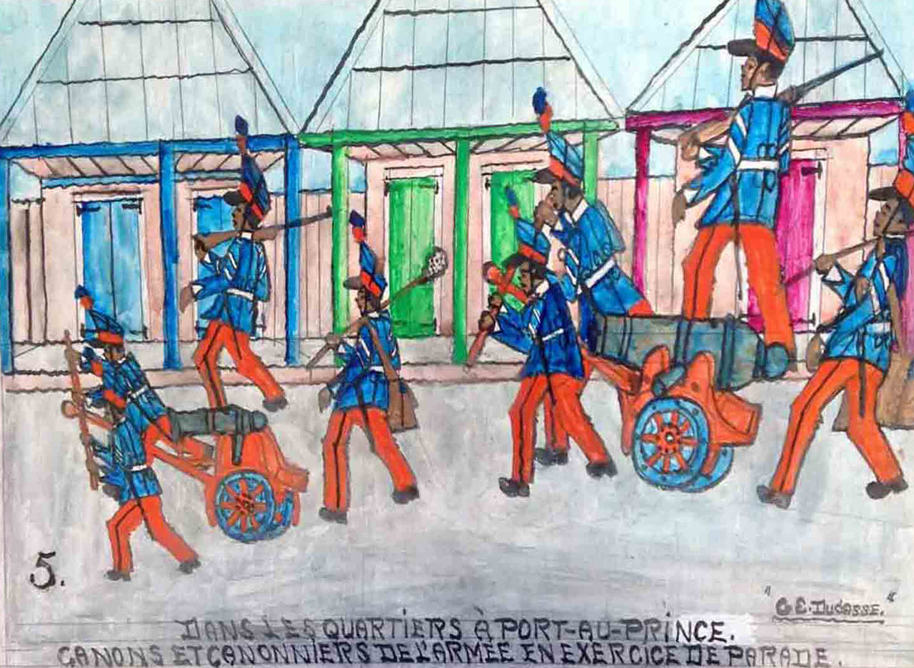 Gervais Emmanuel Ducasse (1903-1988) 16"x24"-1977 "En los barrios de Port-au-Prince. Armas y artilleros del ejército en el ejercicio de desfile "Petróleo a bordo # 18MFN
