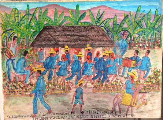 Gervais Emmanuel Ducasse (1903-1988) 16'"x24" c1973 "A La Dominicanie Pres de Barahonas, Un Dimanche, Amusement Entre Des Amis" Oil On Board #2MFN