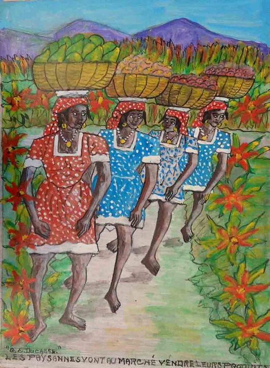 Gervais Emmanuel Ducasse (1903-1988) 24"x16" "Mujeres campesinas van al mercado a vender sus productos" Óleo a bordo #25MFN