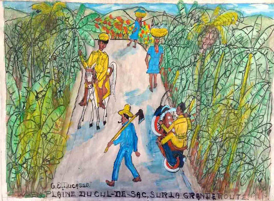 Gervais Emmanuel Ducasse (1903-1988) 16"x24" 1978 "En Plaine de Cul-De-Sac, Sur La Grande Route" Óleo a bordo #3MFN