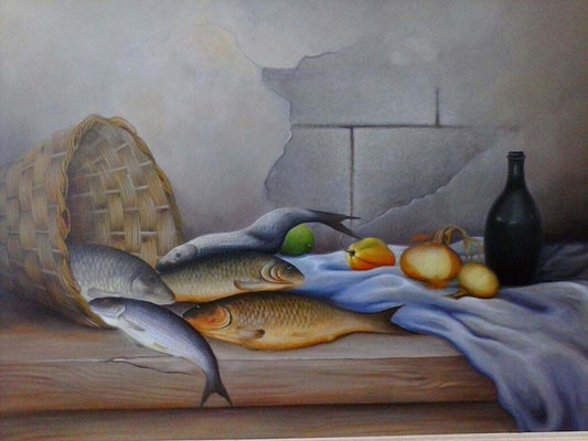 Benson Myrtil 24"x36" Naturaleza muerta con peces 2013 Acrílico sobre lienzo #6C
