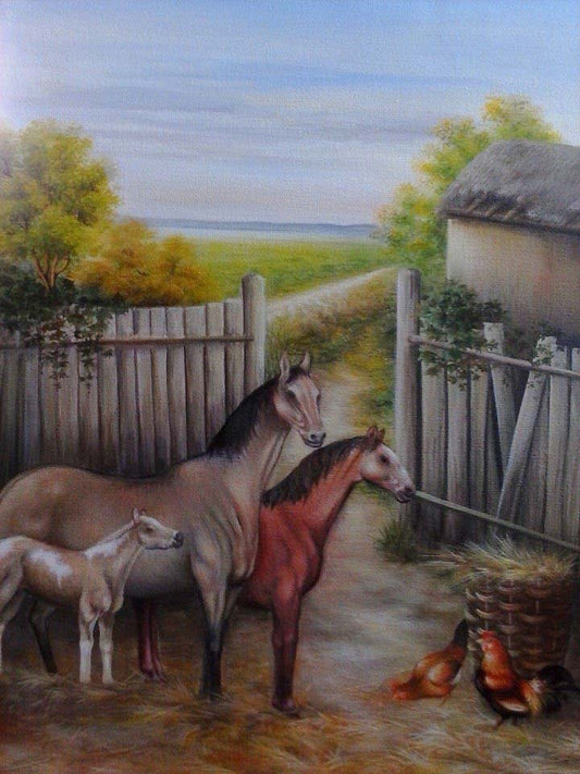Benson Myrtil 18"x14" Tres caballos en una granja 2013 Acrílico sobre lienzo #4C