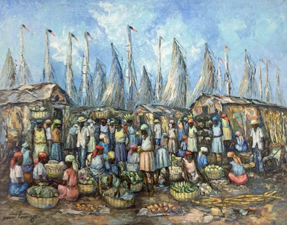 Ernst Louizor (1938-2011) 24"x32" Escena de mercado Óleo sobre lienzo #1350GA-HA