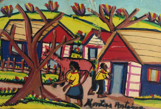 Montas Antoine (1926-1988) 6"x8" Escena rural Óleo sobre tabla #000018-HA