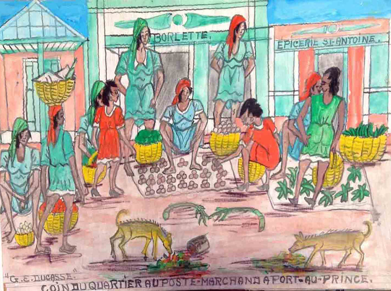 Gervais Emmanuel Ducasse (1903-1988) 16"x24" 1977 "Coin Du Quartier Au Port-Marchand A Port-au-Prince" Óleo a bordo #12MFN
