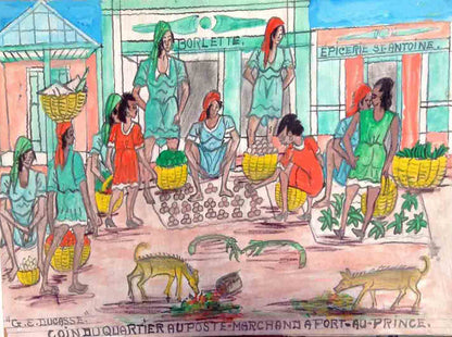 Gervais Emmanuel Ducasse (1903-1988) 16"x24" 1977 "Coin Du Quartier Au Port-Marchand A Port-au-Prince" Óleo a bordo #12MFN