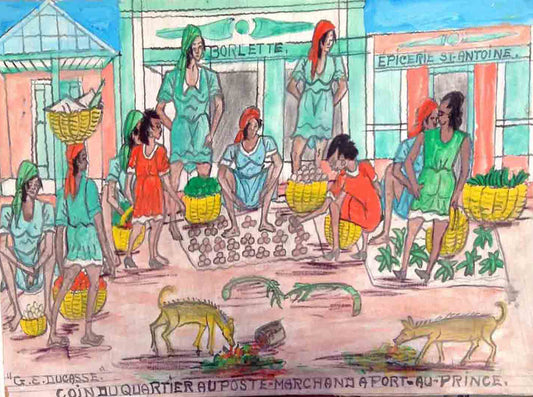 Gervais Emmanuel Ducasse (1903-1988) 16"x24" 1977 "Coin Du Quartier Au Port-Marchand A Port-au-Prince" Óleo a bordo #12MFN