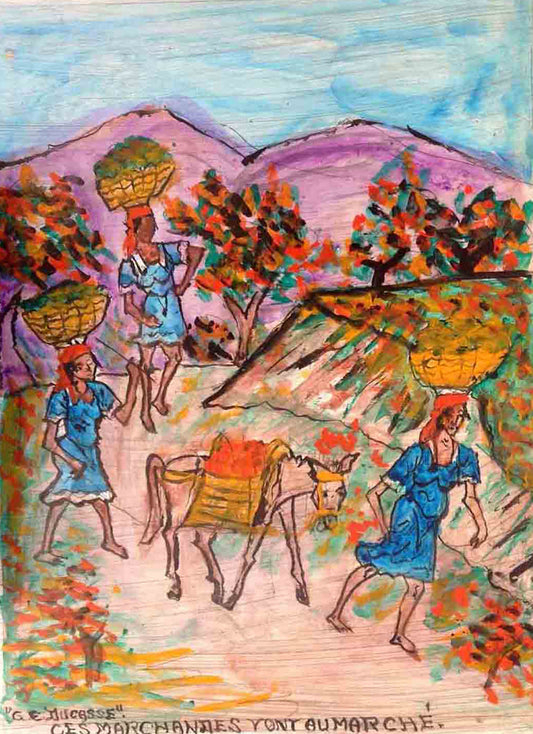 Gervais Emmanuel Ducasse (1903-1988) 24"x16" 1980 "Estos comerciantes van al mercado" Óleo a bordo #9MFN