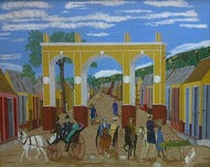 Philome Obin (1891-196) 24"x30" La entrada triunfal de Carlomagno Peralte en Cabo Haitiano" Óleo sobre masonita#GSN-HA