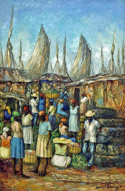 Ernst Louizor (1938-2011) 16"x24" Escena de mercado C1970 Óleo sobre lienzo #139-3-96GN-HA