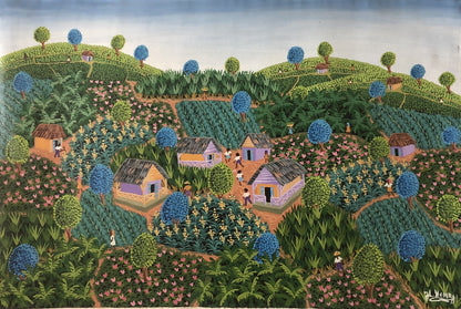Jacques-Lionel Henry 24"x36" Escena de pueblo c1980 Óleo sobre lienzo #5JN-NY