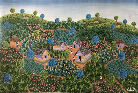 Jacques-Lionel Henry 24"x36" Escena de pueblo c1980 Óleo sobre lienzo #5JN-NY