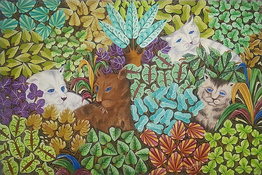 Raymond Lafaille 20"x30" Familia de gatos c1980 Óleo sobre lienzo #2JN-NY