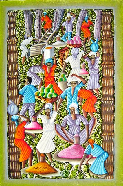 Oswald Valcin 24"x16" Escena de mercado Óleo sobre lienzo #7-3-96MFN