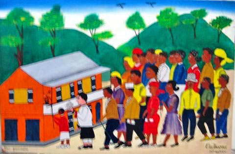 Charles Anatole (1922-1979) 24"x36" "Una procesión/Una procesión" Óleo sobre tabla #8-2-95MIA