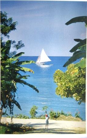 Postal haitiana: velero en la costa suroeste de la isla Hispaniola