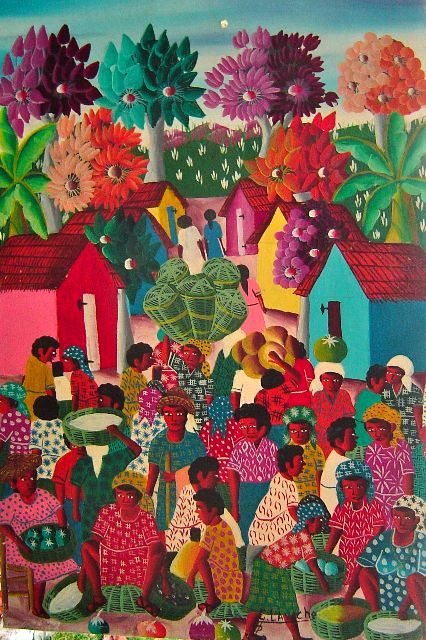 Edgard Lavache 24"x16" Escena de mercado Óleo sobre lienzo #3-2-95MFN