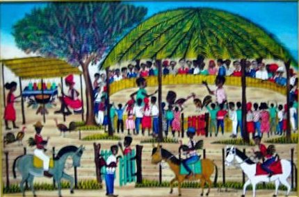 Charles Anatole (1922-1979) 24"x36" "Gaguerre/Pelea de gallos" 1978 Óleo sobre tabla #6-2-95MIA