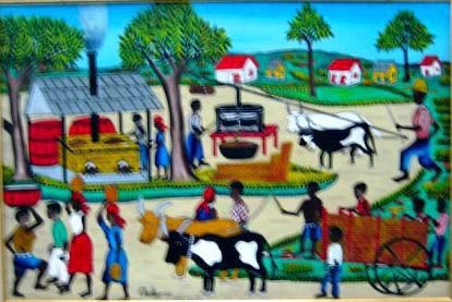 Charles Anatole (1922-1979) 24"x36" Fabricación de cañas de azúcar c1970 Óleo a bordo #3-2-95MIA