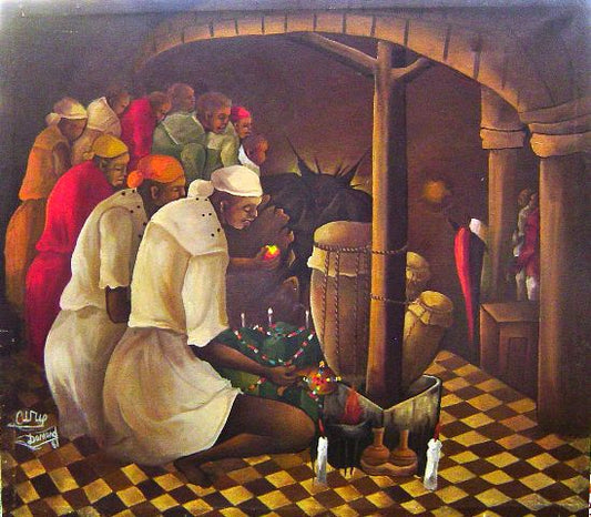 Urie Domond 21"x24" Escena vudú 1987 Óleo sobre lienzo #3-2-95MFN