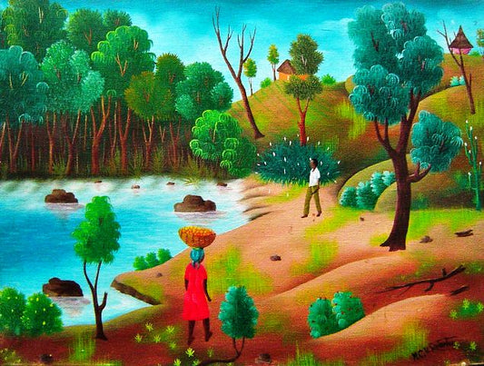 Philton Latortue 20"x16" Escena de la selva c1980 Óleo sobre lienzo#3-2-95MFN
