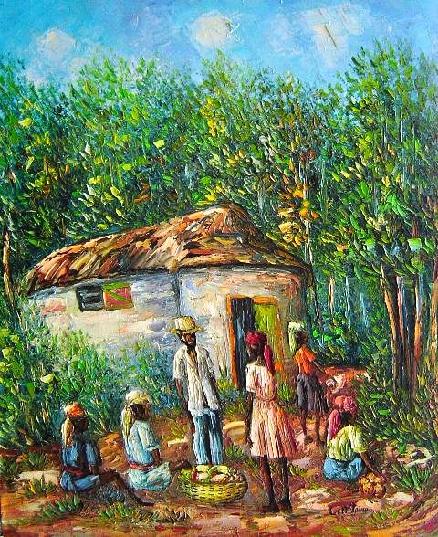 Loubert Antoine 24"x20" Escena de mercado 1979 Óleo sobre lienzo #1-2-95MFN