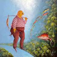 Andre Blaise 16"x12" Fish Man con aceite de cebo a bordo #1205GN-HA