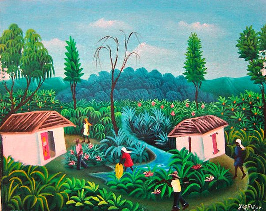 Jean Saint-Fleur 16"x20" Escena rural c1980 Óleo sobre lienzo #2-2-95MFN