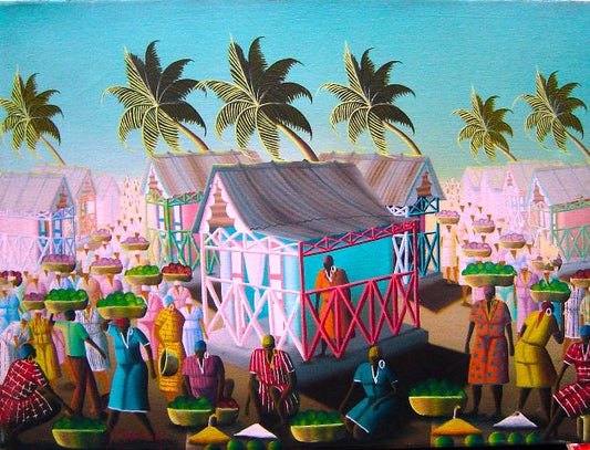 Pierre Zachari 12"x16" Escena de mercado Óleo sobre lienzo #3-2-95MFN