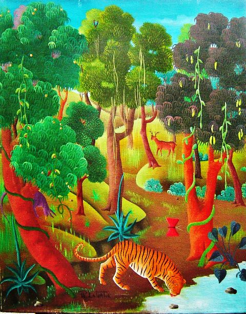 Philton Latortue 20"x16" Escena de la selva 1977 Óleo sobre lienzo#1-2-95MFN